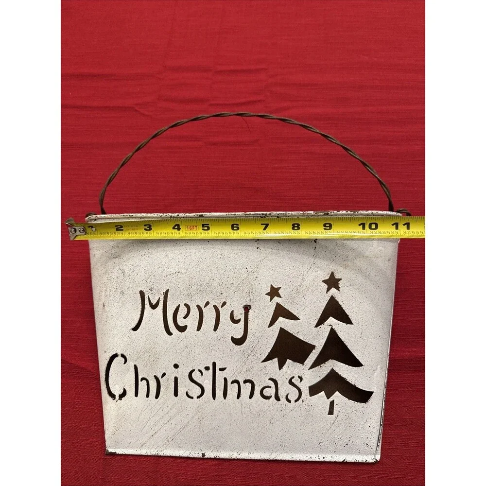 Metal White Wall Pocket Rustic Farmhouse Distressed Merry Christmas Trees cutout